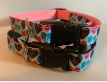 Load image into Gallery viewer, Pink, Aqua, Blue Heart Anchor 5/8 inch Dog Collar on Pink or Black Nylon