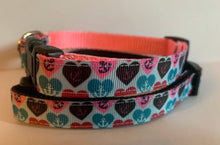 Load image into Gallery viewer, Pink, Aqua, Blue Heart Anchor 5/8 inch Dog Collar on Pink or Black Nylon