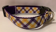 Load image into Gallery viewer, 1 inch Large LSU Louisiana Yellow/Gold and Purple Plaid Dog Collar on Gold or Purple Nylon