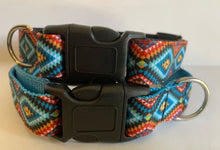 Load image into Gallery viewer, Orange, Blue, Yellow and Black Aztec Southwestern Medallion 1 inch Large Dog Collar on Black or Aqua Nylon