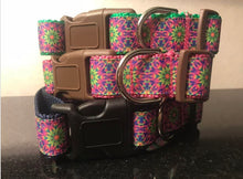 Load image into Gallery viewer, Green, Blue, Pink Flower Medallion Large 1 inch Dog Collar on Pink, Green or Navy Blue Nylon