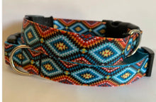 Load image into Gallery viewer, Orange, Blue, Yellow and Black Aztec Southwestern Medallion 1 inch Large Dog Collar on Black or Aqua Nylon
