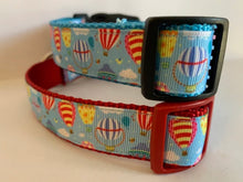 Load image into Gallery viewer, 1 inch Blue, Red, Yellow Striped Hot Air Balloons Dog Collar on Aqua or Red Nylon