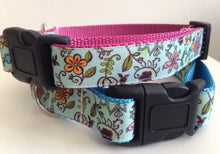 Load image into Gallery viewer, Teal Flowers Print 1 inch Large Dog Collar on Pink, Blue or Black Nylon