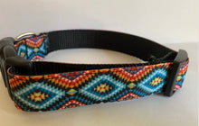 Load image into Gallery viewer, Orange, Blue, Yellow and Black Aztec Southwestern Medallion 1 inch Large Dog Collar on Black or Aqua Nylon