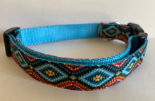 Load image into Gallery viewer, Orange, Blue, Yellow and Black Aztec Southwestern Medallion 1 inch Large Dog Collar on Black or Aqua Nylon