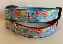 Load image into Gallery viewer, 1 inch Blue, Red, Yellow Striped Hot Air Balloons Dog Collar on Aqua or Red Nylon