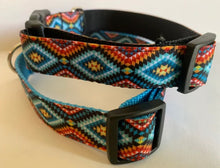Load image into Gallery viewer, Orange, Blue, Yellow and Black Aztec Southwestern Medallion 1 inch Large Dog Collar on Black or Aqua Nylon