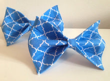 Load image into Gallery viewer, Blue Quatrefoil Trellis Design Dog Bow Tie in Xsmall, Small, Medium or Large