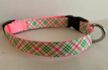 Load image into Gallery viewer, 5/8 inch Pink and Green Spring Plaid Medium Dog Collar on Pink Nylon