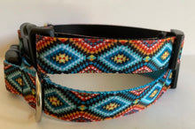 Load image into Gallery viewer, Orange, Blue, Yellow and Black Aztec Southwestern Medallion 1 inch Large Dog Collar on Black or Aqua Nylon