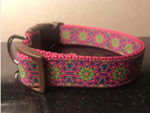 Load image into Gallery viewer, Green, Blue, Pink Flower Medallion Large 1 inch Dog Collar on Pink, Green or Navy Blue Nylon