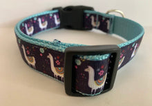 Load image into Gallery viewer, 1 inch Large Navy Blue and Aqua Llama and Flower Dog Collar