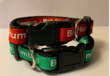 Load image into Gallery viewer, Small 1/2 inch Christmas Holiday Red or Green Bah Humbug Dog Collar