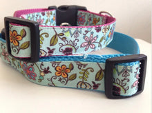 Load image into Gallery viewer, Teal Flowers Print 1 inch Large Dog Collar on Pink, Blue or Black Nylon
