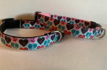 Load image into Gallery viewer, Pink, Aqua, Blue Heart Anchor 5/8 inch Dog Collar on Pink or Black Nylon