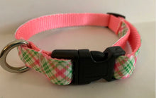 Load image into Gallery viewer, 5/8 inch Pink and Green Spring Plaid Medium Dog Collar on Pink Nylon