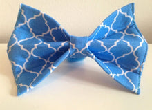 Load image into Gallery viewer, Blue Quatrefoil Trellis Design Dog Bow Tie in Xsmall, Small, Medium or Large