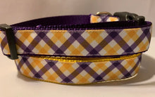 Load image into Gallery viewer, 1 inch Large LSU Louisiana Yellow/Gold and Purple Plaid Dog Collar on Gold or Purple Nylon