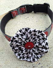 Load image into Gallery viewer, Black and White Houndstooth with Red Button Alabama Football Ruffle Dog Collar Flower