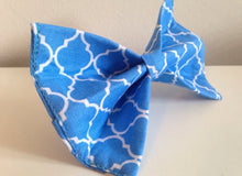 Load image into Gallery viewer, Blue Quatrefoil Trellis Design Dog Bow Tie in Xsmall, Small, Medium or Large