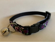 Load image into Gallery viewer, Purple and Black Flowers Small Floral Cat Collar with Breakaway Safety Buckle and Bell
