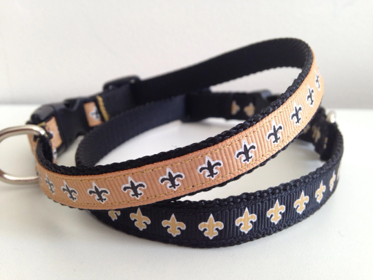 Small 1/2 inch Black and Gold Fleur De Lis Saints Dog Collar