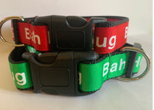 Load image into Gallery viewer, 1 inch Grumpy Dog Bah Humbug Holiday Christmas Collar in Red or Green on Black Nylon
