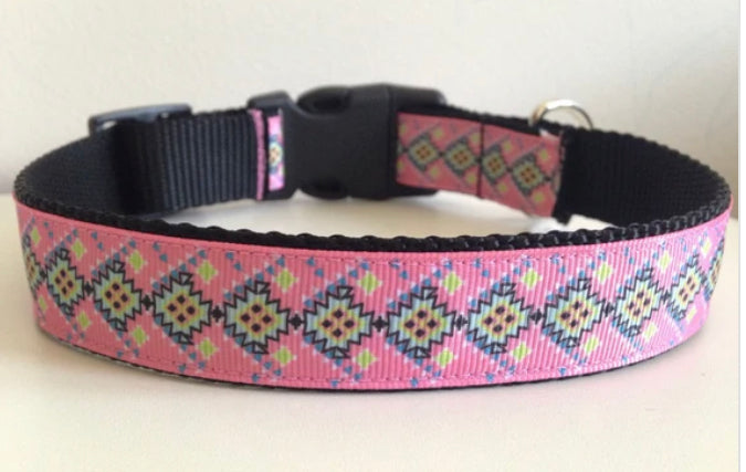 Pink and Yellow Aztec Print 1 inch Large Dog Collar