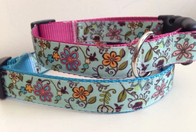 Teal Flowers Print 1 inch Large Dog Collar on Pink, Blue or Black Nylon