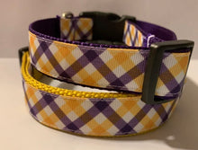 Load image into Gallery viewer, 1 inch Large LSU Louisiana Yellow/Gold and Purple Plaid Dog Collar on Gold or Purple Nylon
