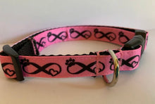 Load image into Gallery viewer, Blue or Pink Infinity Knot Paw Print and Heart Love 5/8 inch Dog Collar on Black Nylon
