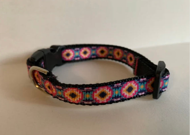 Pink with Teal and Black Aztec Pattern 1/2 Inch Dog Collar