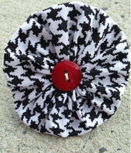 Load image into Gallery viewer, Black and White Houndstooth with Red Button Alabama Football Ruffle Dog Collar Flower

