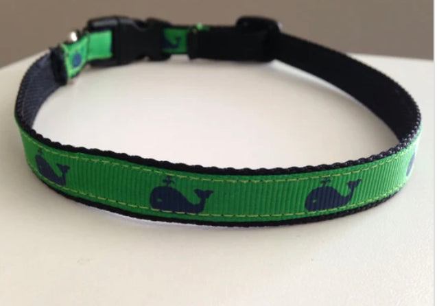 Green with Blue Whales Small 1/2 Inch Dog Collar