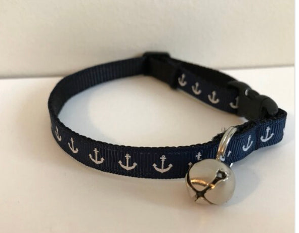 Navy Blue with White Anchor Nautical Beach Cat Collar