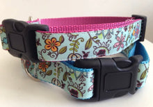 Load image into Gallery viewer, Teal Flowers Print 1 inch Large Dog Collar on Pink, Blue or Black Nylon
