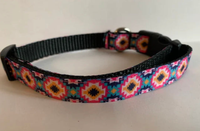 Dark Pink, Teal, Black and Yellow Aztec 5/8 inch Medium Dog Collar