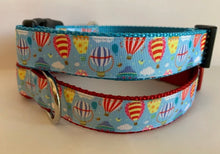 Load image into Gallery viewer, 1 inch Blue, Red, Yellow Striped Hot Air Balloons Dog Collar on Aqua or Red Nylon
