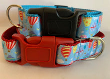 Load image into Gallery viewer, 1 inch Blue, Red, Yellow Striped Hot Air Balloons Dog Collar on Aqua or Red Nylon
