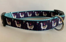 Load image into Gallery viewer, 1 inch Large Navy Blue and Aqua Llama and Flower Dog Collar
