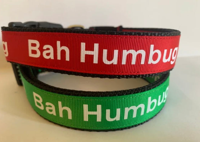 1 inch Grumpy Dog Bah Humbug Holiday Christmas Collar in Red or Green on Black Nylon