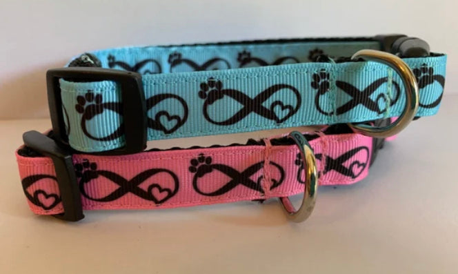 Blue or Pink Infinity Knot Paw Print and Heart Love 5/8 inch Dog Collar on Black Nylon