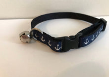 Load image into Gallery viewer, Navy Blue with White Anchor Nautical Beach Cat Collar
