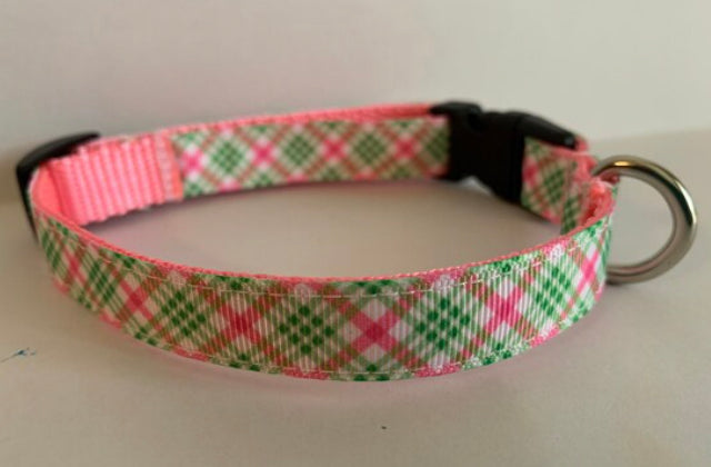 5/8 inch Pink and Green Spring Plaid Medium Dog Collar on Pink Nylon