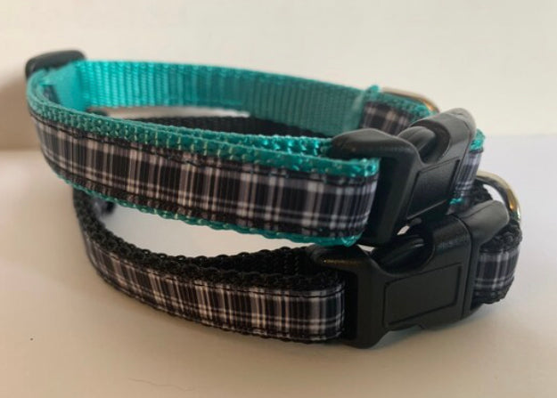 1/2 inch Small Black and White Plaid Dog Collar on Black or Teal Nylon