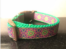 Load image into Gallery viewer, Green, Blue, Pink Flower Medallion Large 1 inch Dog Collar on Pink, Green or Navy Blue Nylon
