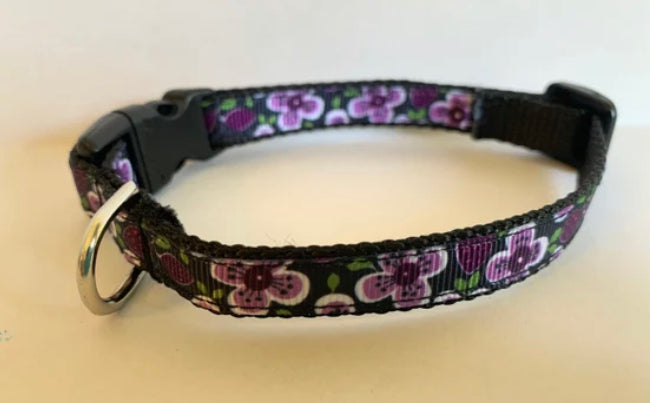 1/2 Inch Purple and Black Floral Small Dog Collar