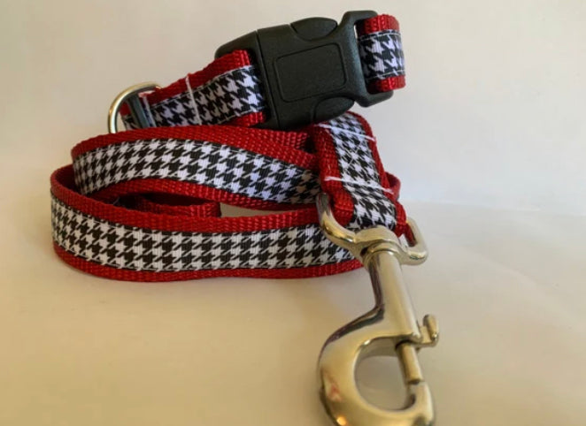 1 inch Alabama Red and Houndstooth Leash and Collar Set