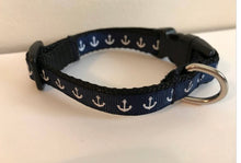 Load image into Gallery viewer, 1/2 Inch Navy Blue Anchors Nautical Small Dog Collar
